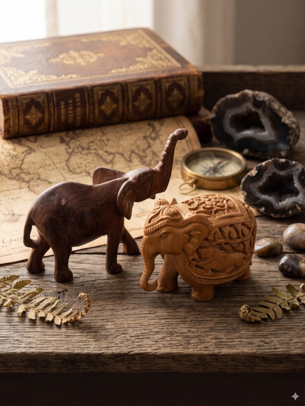 🐘 Vintage Hand Carved Wood Elephant Set | Jali Cutout & Polished Boho Decor